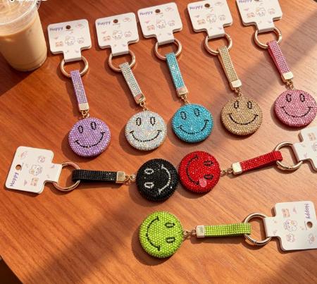Full Rhinestone Smiley Face Keychain, Colorful Rhinestone‑encrusted Emoji Charm, Fashion Cute Bag Pendant for Girls, Mixed Wholesale In‑stock